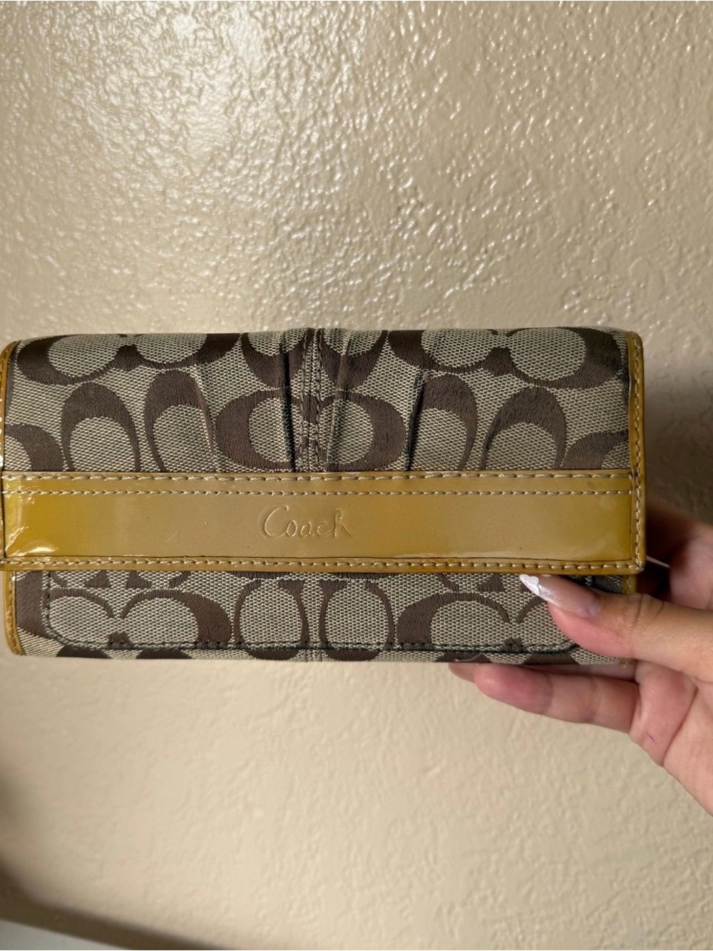 Coach Brown Logo Canvas Wallet with Tan Patent Trim